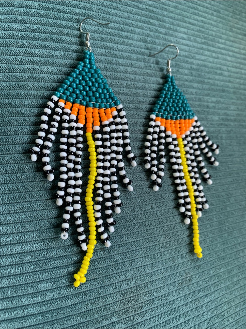 Handmade Teal, Black & Yellow Beaded Fringe Earrings